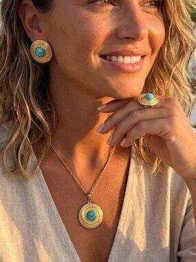 18k Gold Plated Stainless Steel Turquoise Set | Ring Earrings Necklace Boho